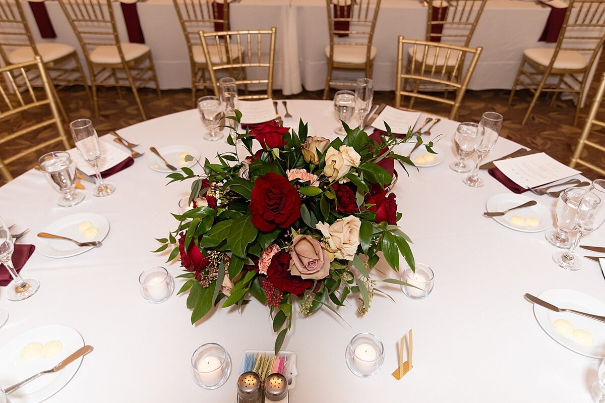 Red, blush and off-white wedding table decor at University Club in Pittsburgh, PA