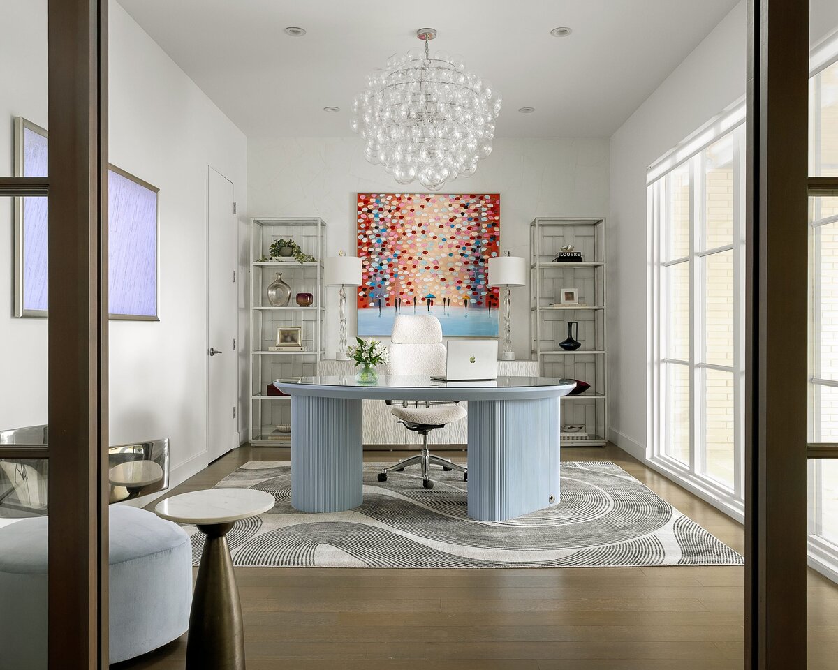 rebekah nicole interiors arbor office with black and white rug and white office chair