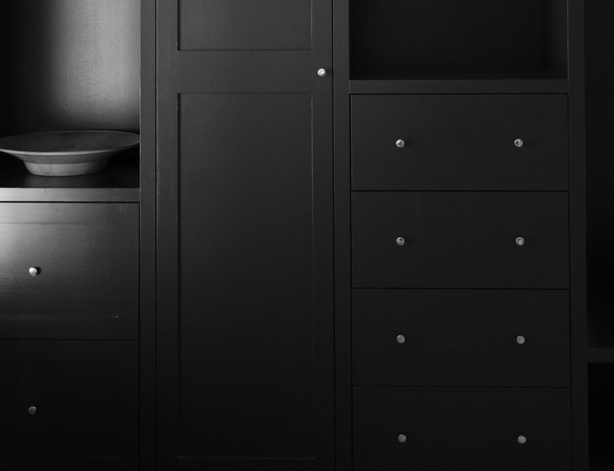 black and white cabinet and knob detail, design at ALEO Detroit, Little Village