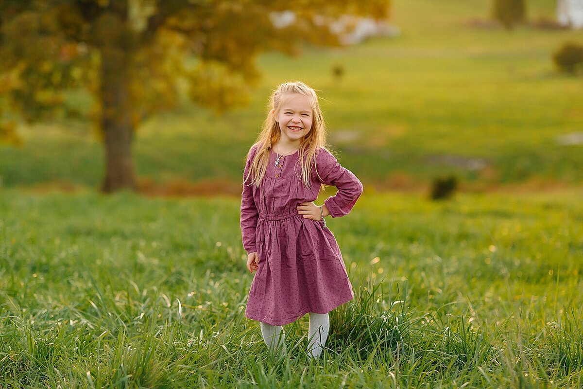 Little girl in purple posing in a field at sunset Be thou my vision photography