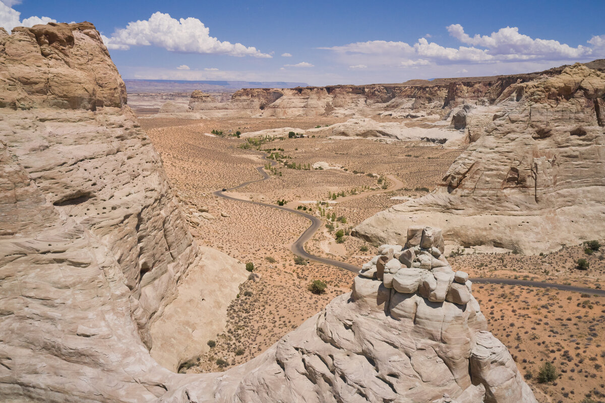 Drone image of road leading to Amangiri Utah
