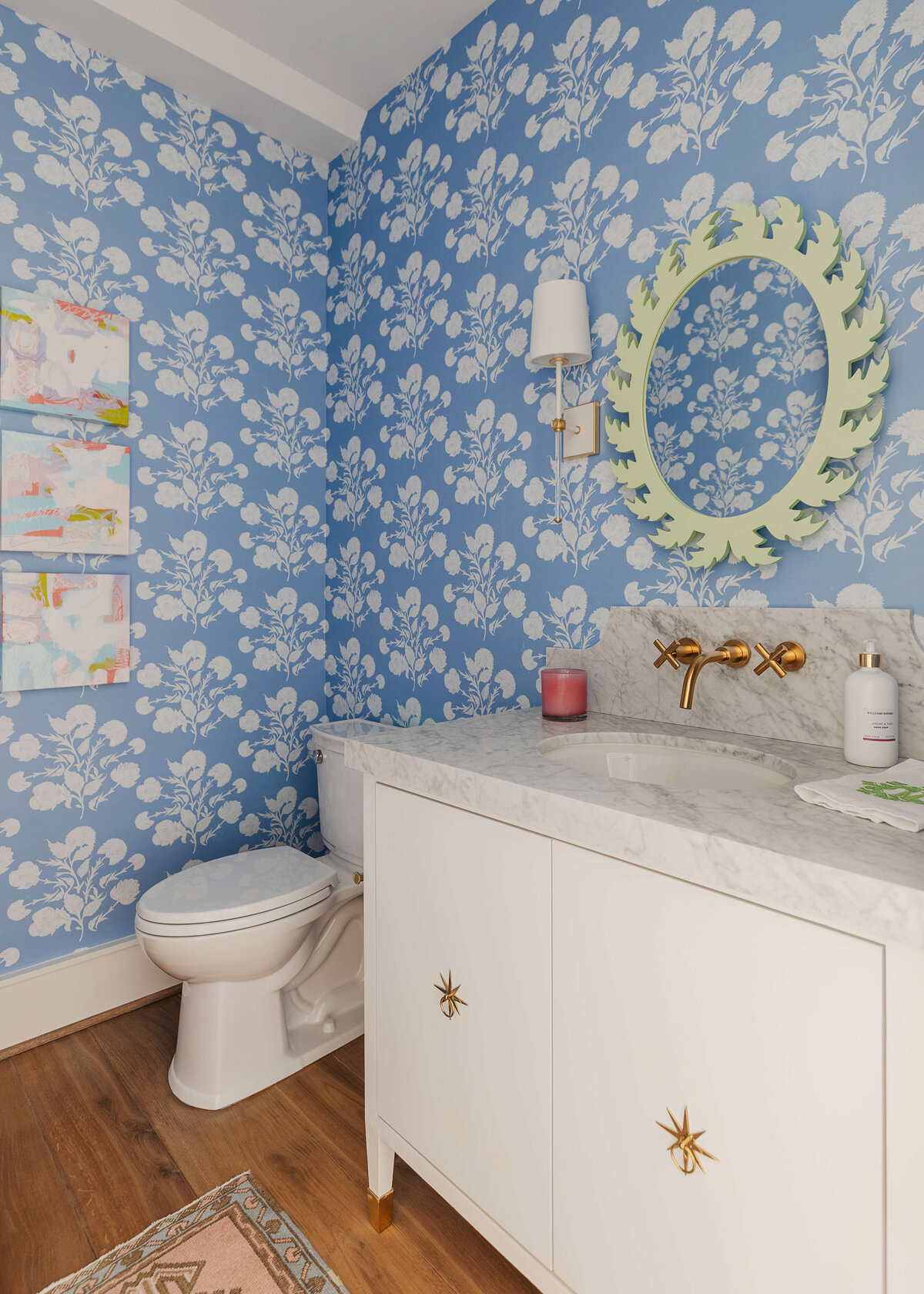 oyster creek studios memorial new build light blue wallpaper with floral pattern light green accent mirror marble vanity bathroom