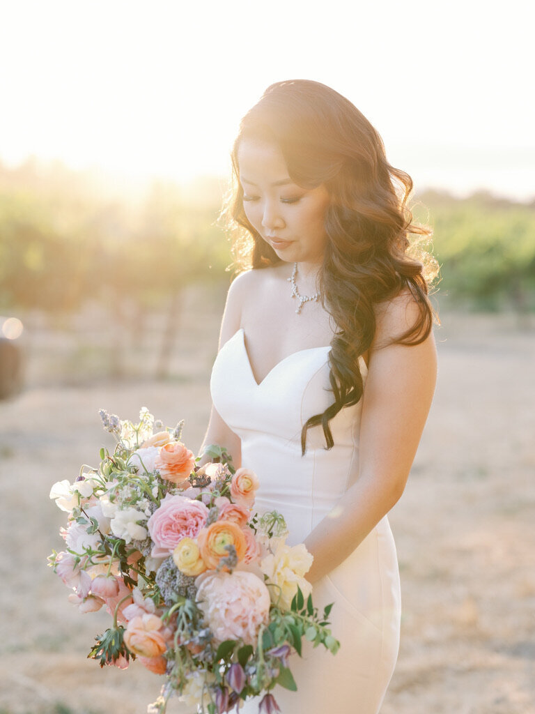 sunset, wedding flowers, bouquet, oblong bouquet, pastel wedding colors