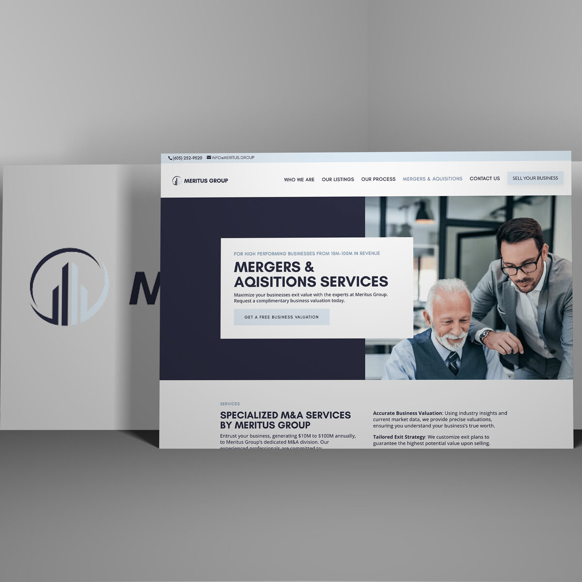 Screenshot of the Meritus Group website displayed alongside company branding—showcasing expert mergers and acquisitions services and visual identity

