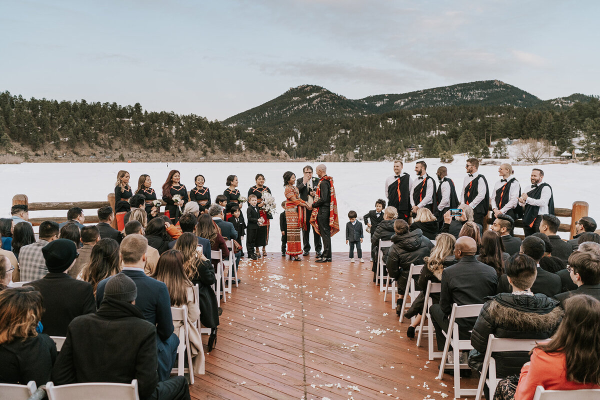 Full view of a winter wedding at Evergreen Lakehouse in  Colorado.