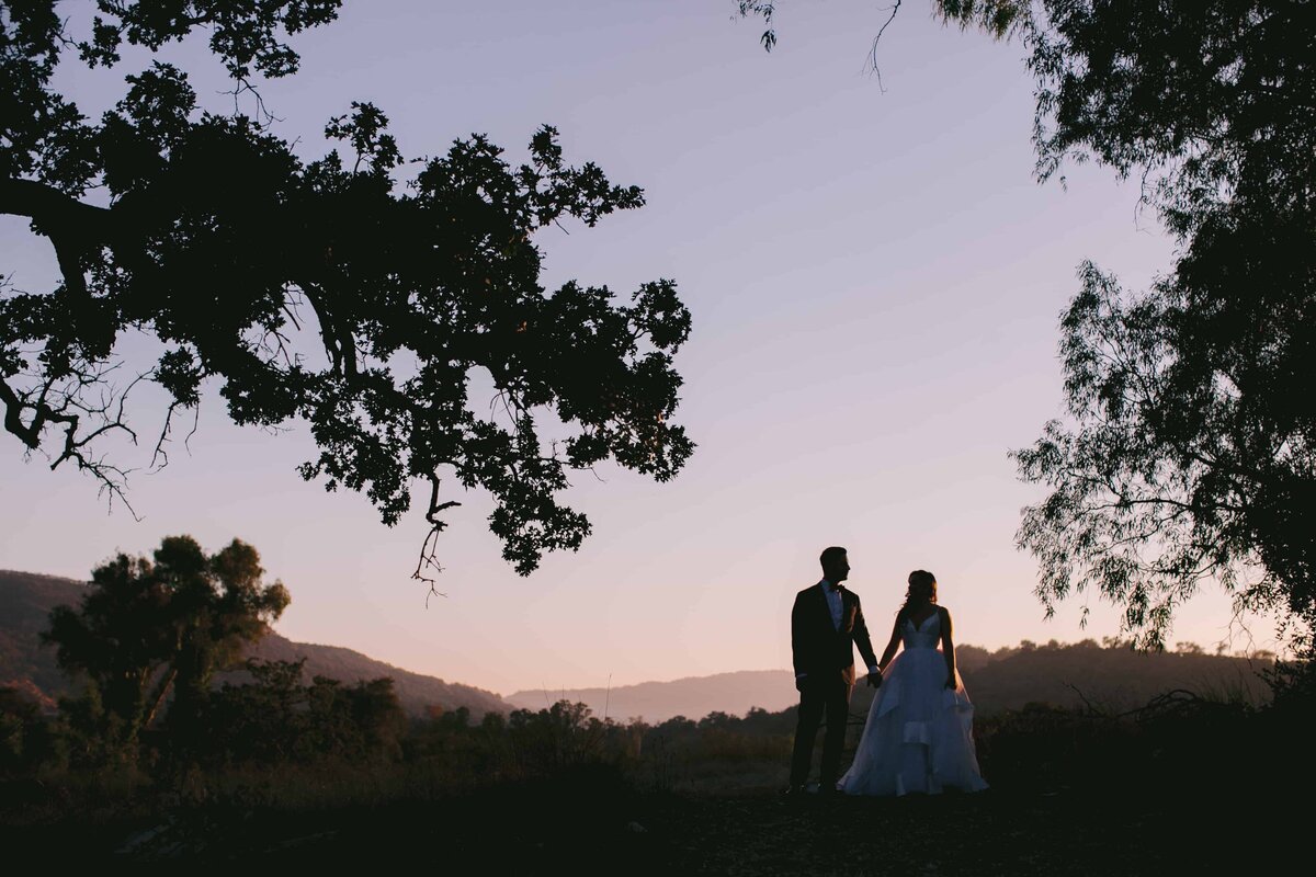 Bride and groom portrait at sunset in Ojai