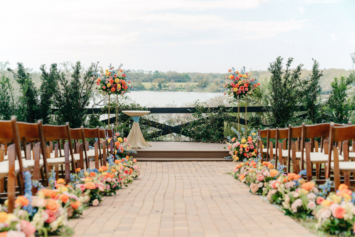 outdoor wedding walkway with lake view 