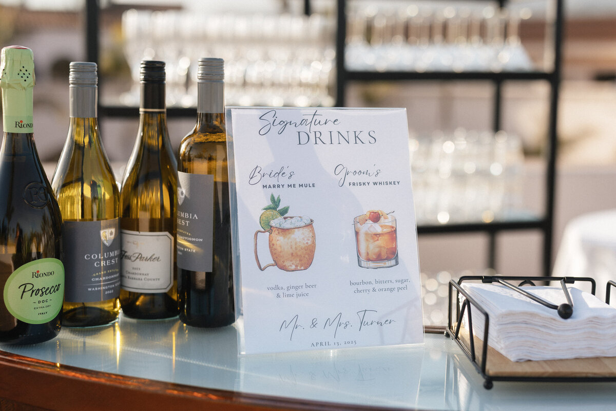 Custom bar sign for signature drinks at Hilton Beachfront Resort Santa Barbara