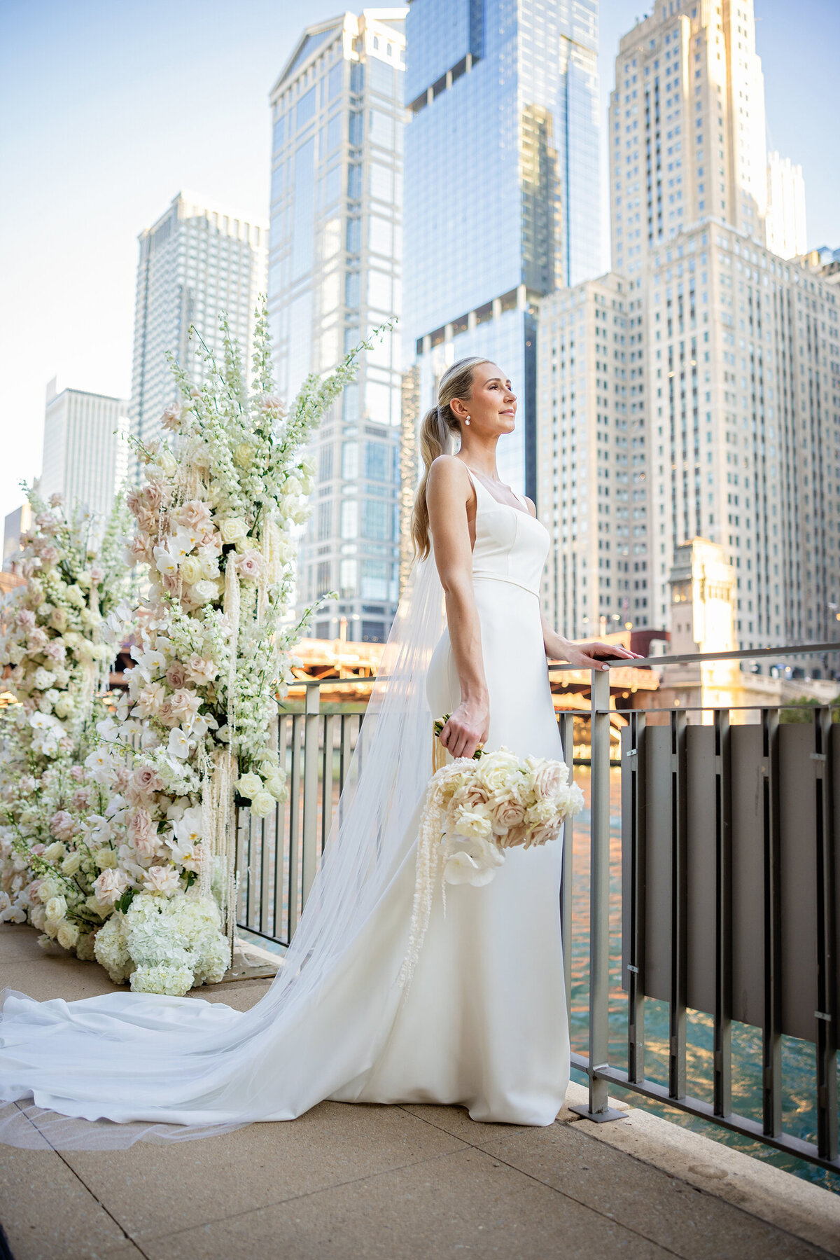 Just married woman  at Chicago Cut Steak house  near live flower ceremony decorations