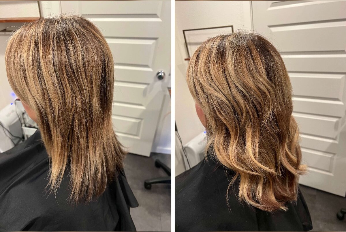 Mid length hair transformation demonstrating before and after with hair extensions by Arianna.