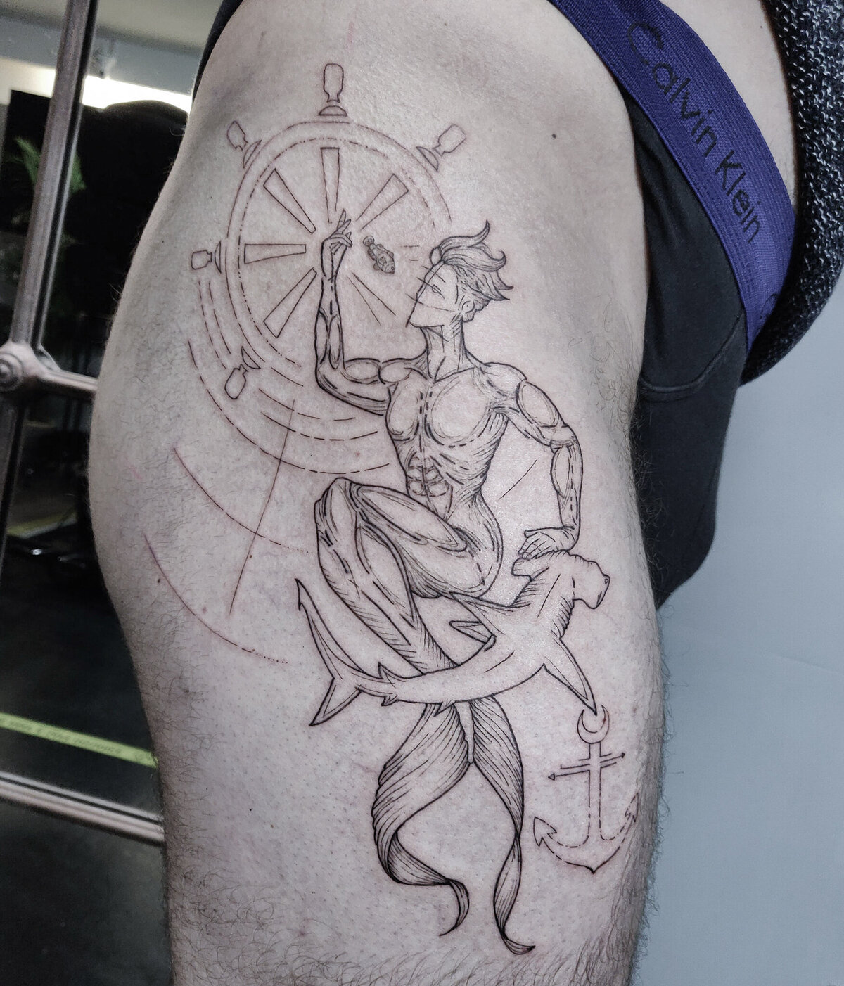 merman tattoo, shark tattoo, geometric tattoo