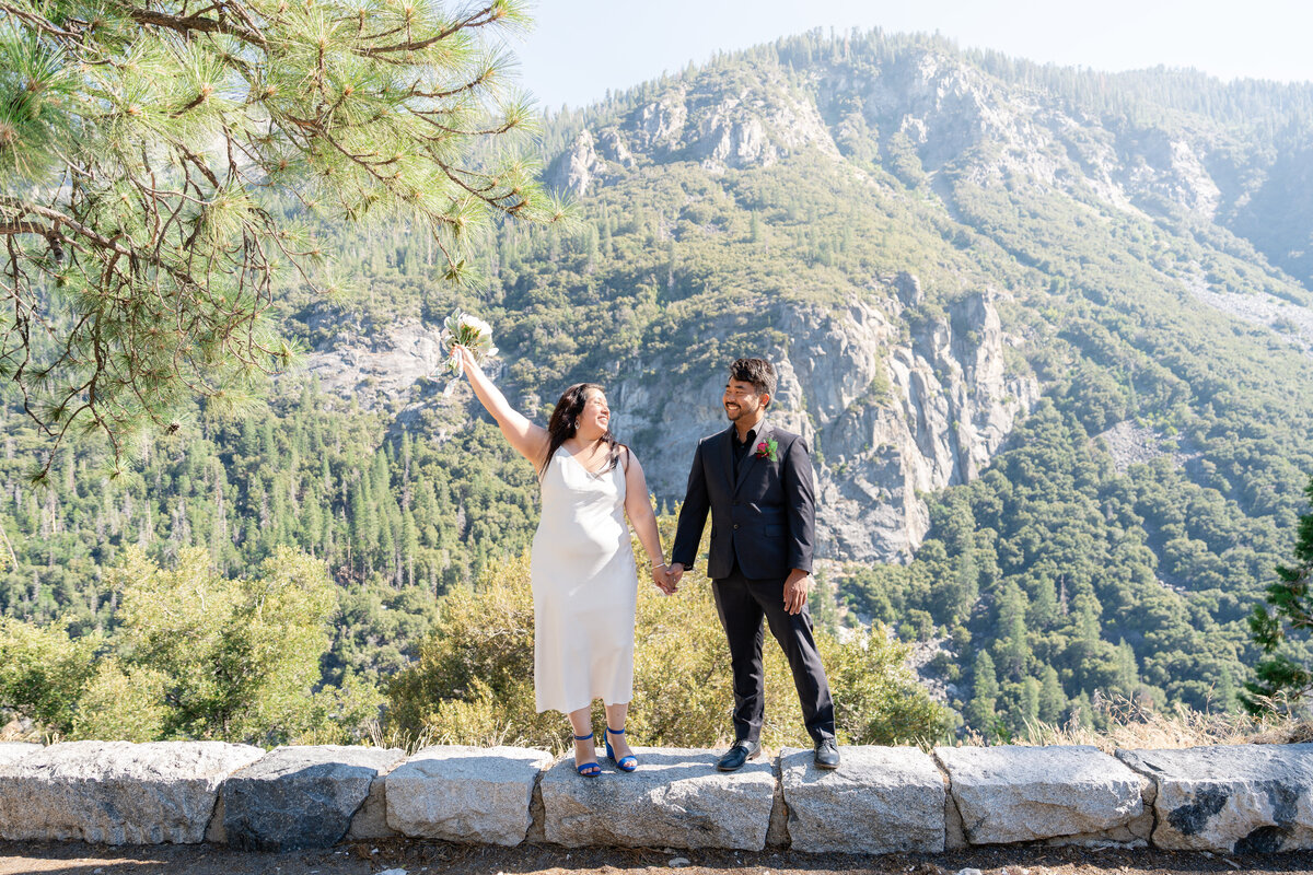 Bride and Groom eloping at Yosemite elopement at Tunnel View standing and holding hands.