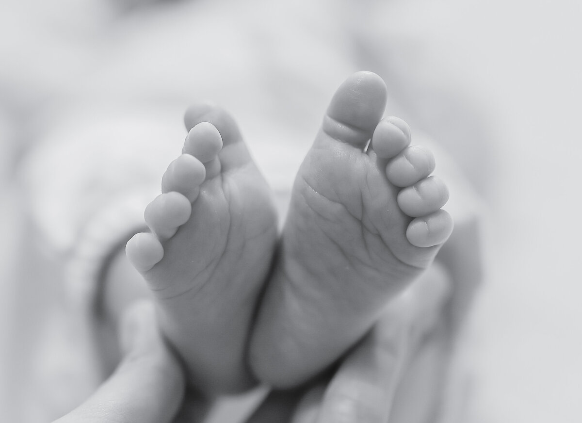 A delicate close-up of a newborn’s tiny feet being gently held, captured in black and white