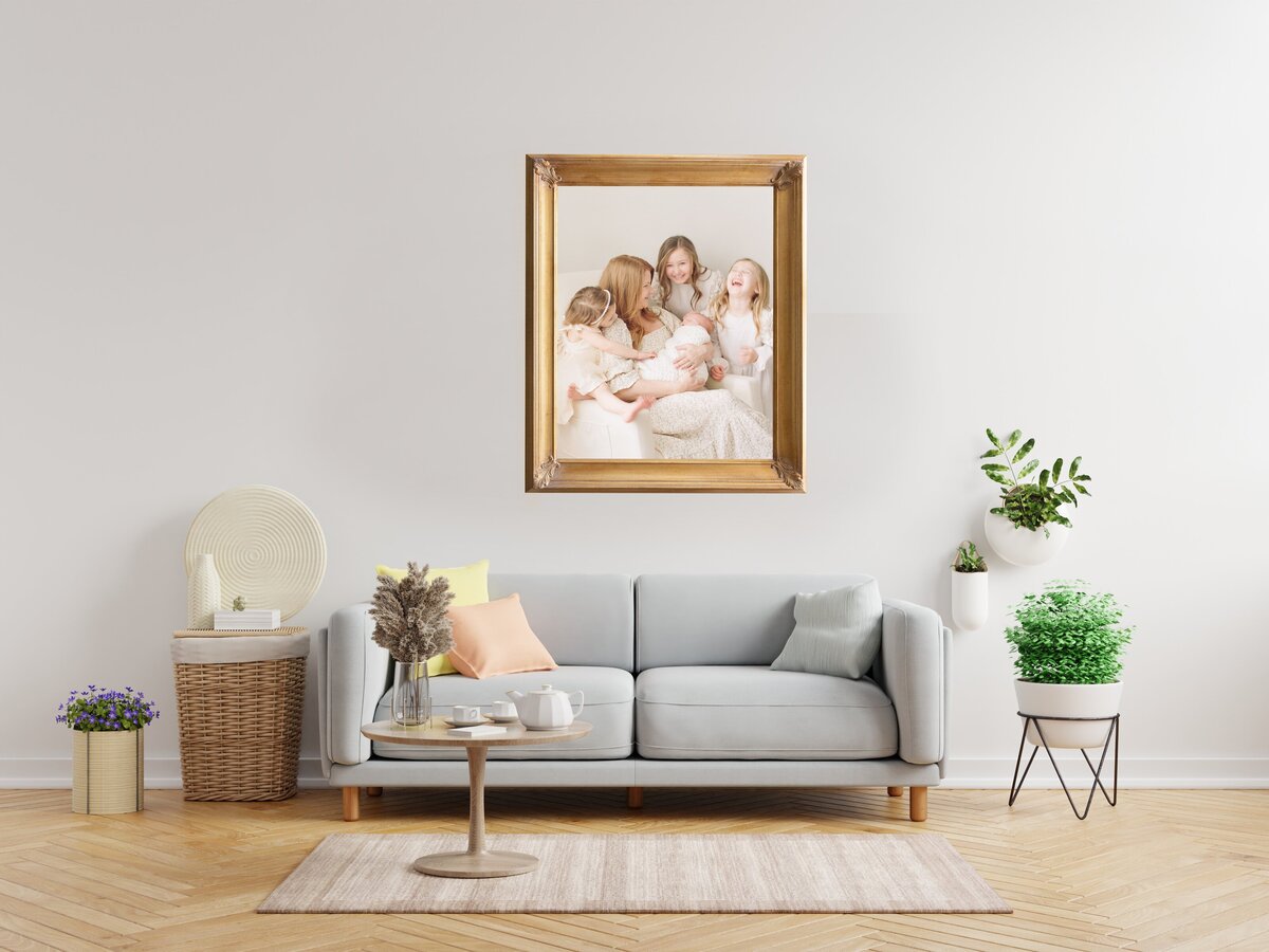 Gold framed canvas gallery wall ideas for your home by Raleigh family photographer A.J. Dunlap Photography.
