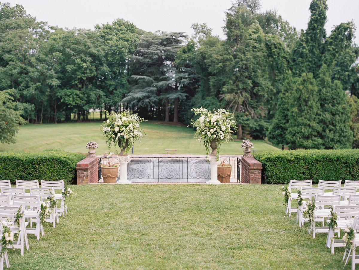 Wedding ceremony set up in the gardens at Oxon Hill Manor