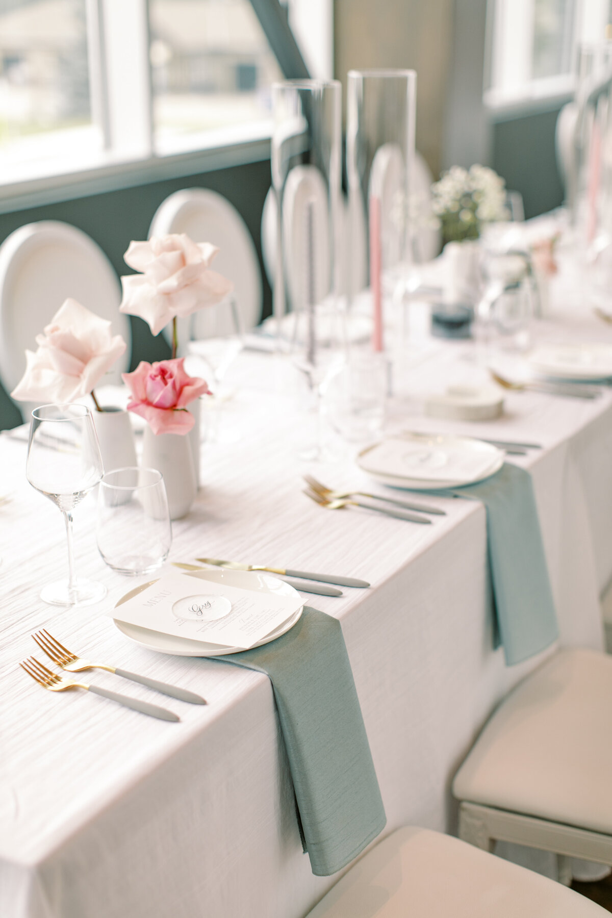 Modern Chic Wedding at The Sensory in Canmore Alberta, designed and planned by Rebekah Brontë, with a colour palette of fresh white, smoke grey, blush pink, and subtle seafoam - modern wedding reception table inspiration