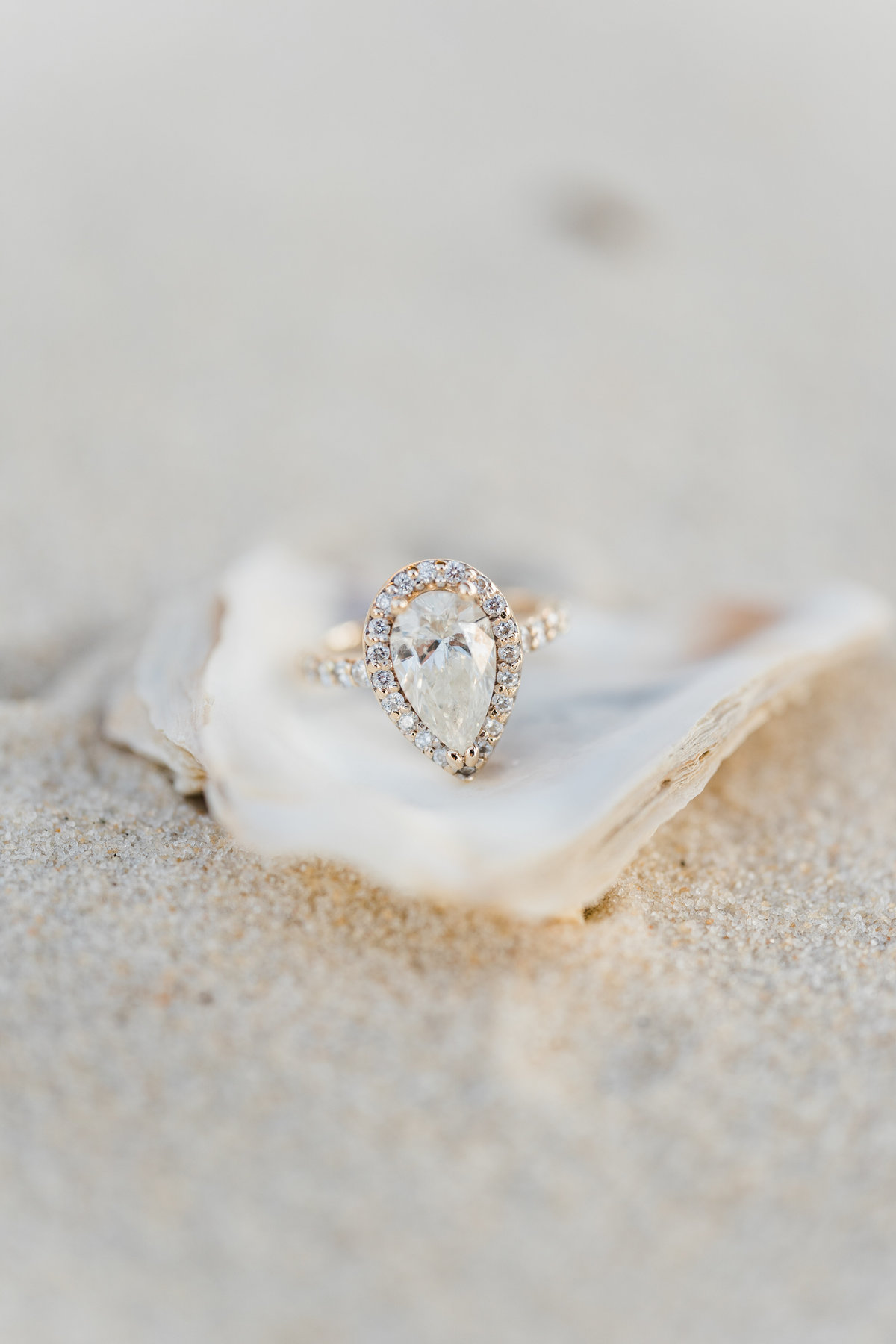 Teardrop diamond ring in a shell