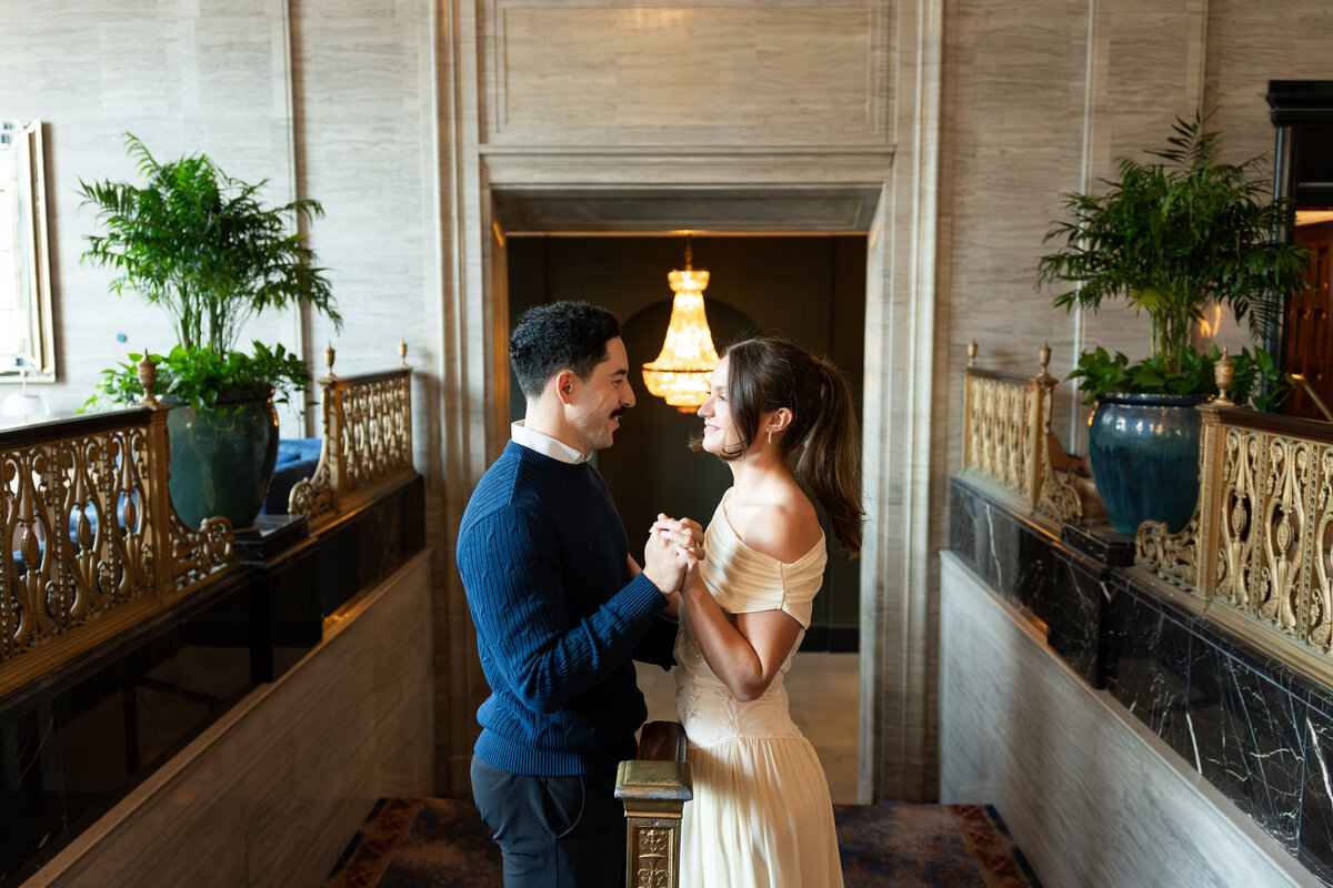 romantic engagement portraits at Cleveland Hotel downtown Cleveland
