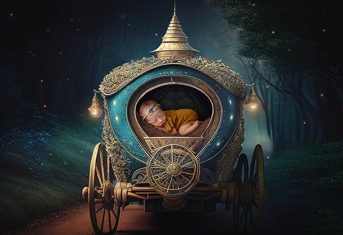 Sleeping baby lies inside a magical, ornate carriage under a glowing night sky in enchanted forest.