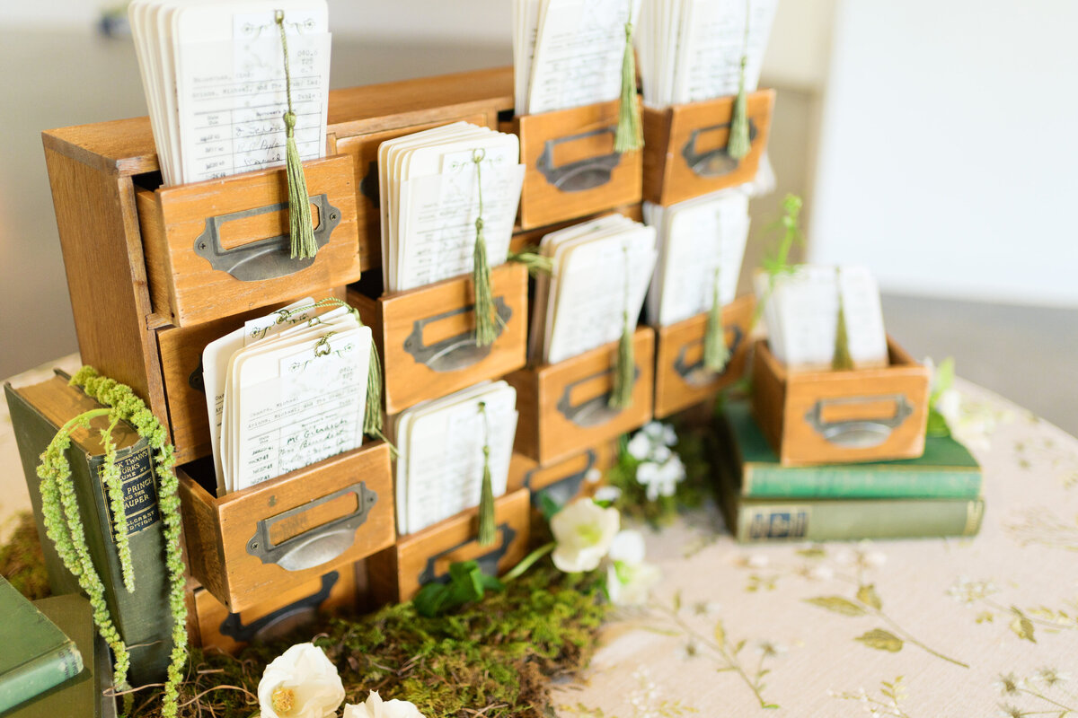 Colorful garden party wedding escort cards made for library themed seating chart with watercolor bookmarks with tassels by Dear Margo Designs 