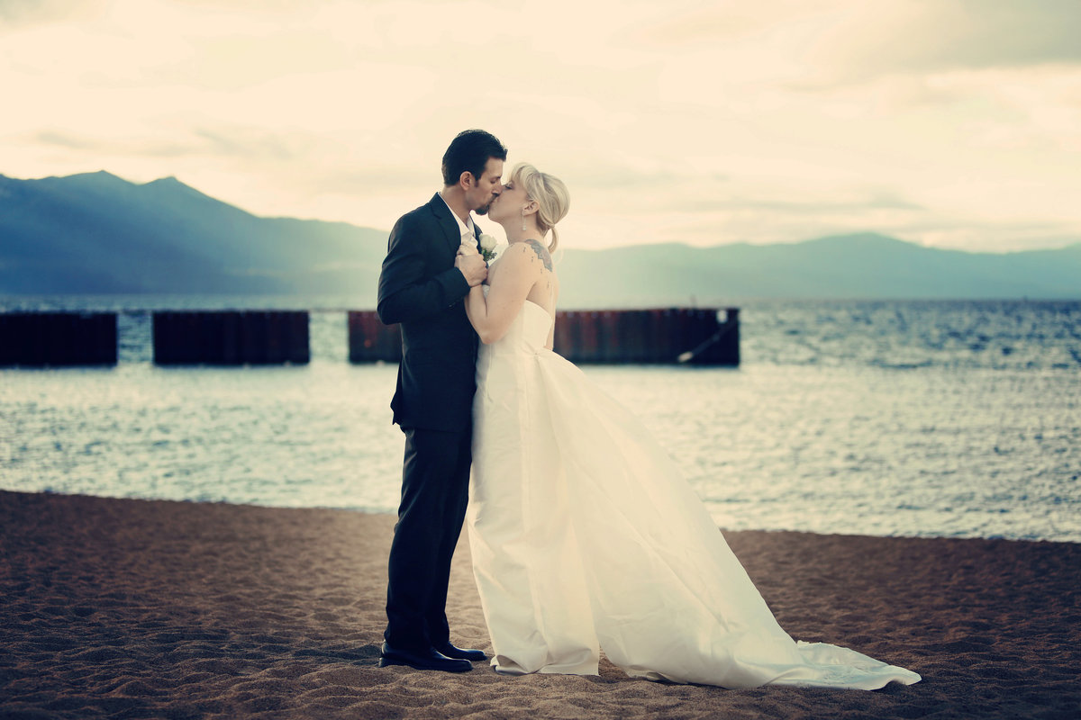 bride and groom on Lake in Tahoe