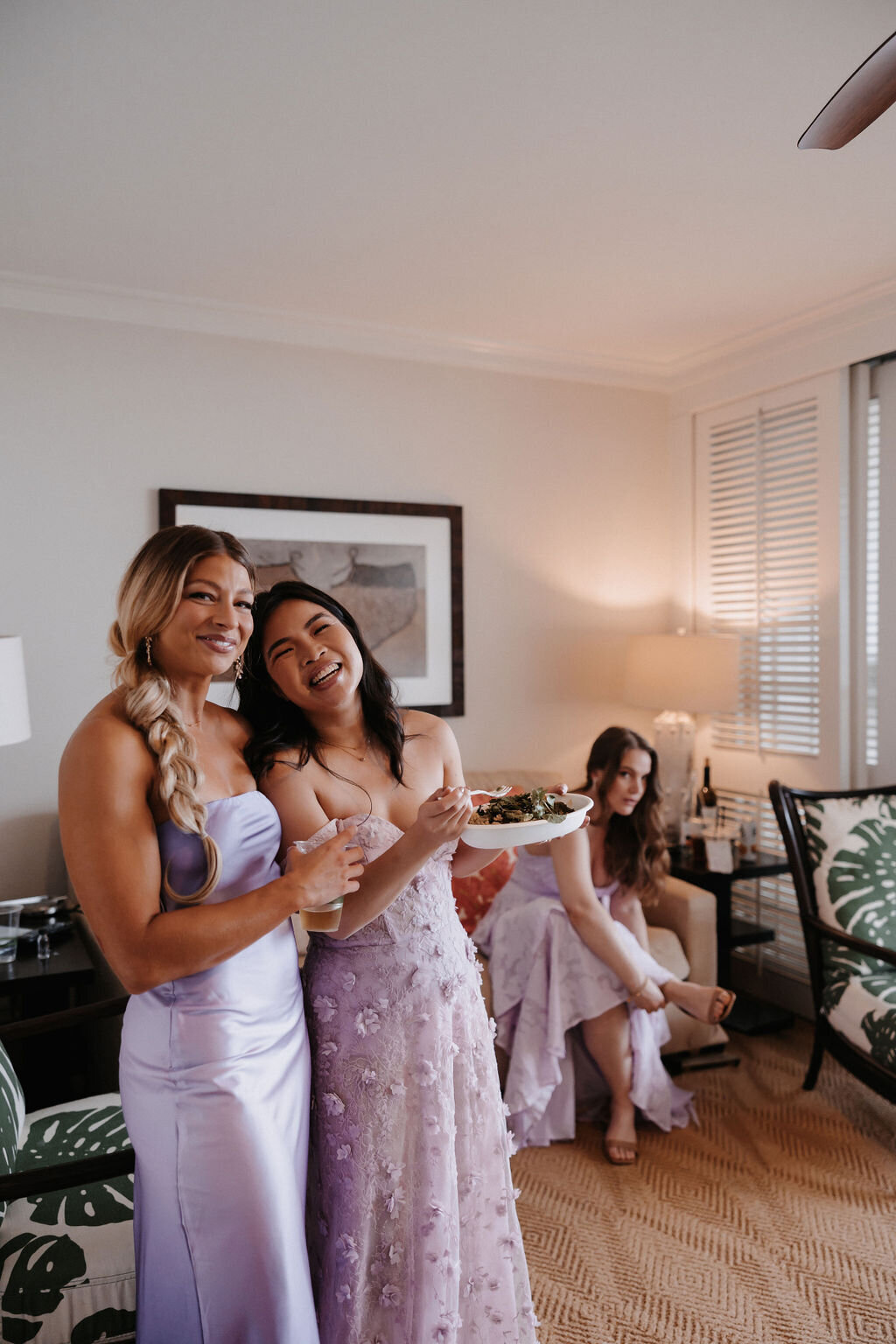 Bridesmaids morning of wedding getting ready at four seasons Oahu