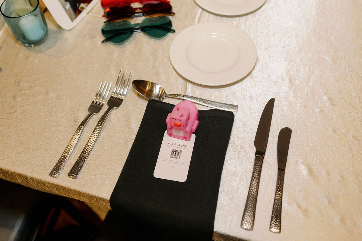Place setting with a black napkin at the Rally Hotel in Denver Colorado.