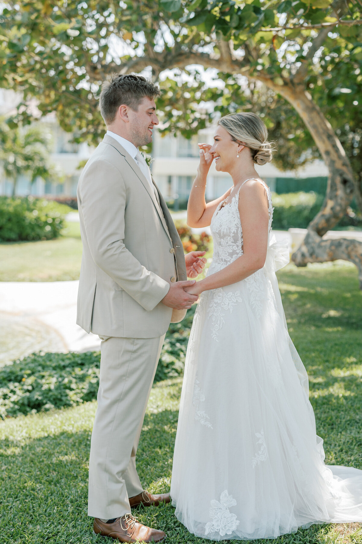 Bride and groom’s emotional first look outdoors in Cancun, captured by Philadelphia wedding photographer Olivia Casey.