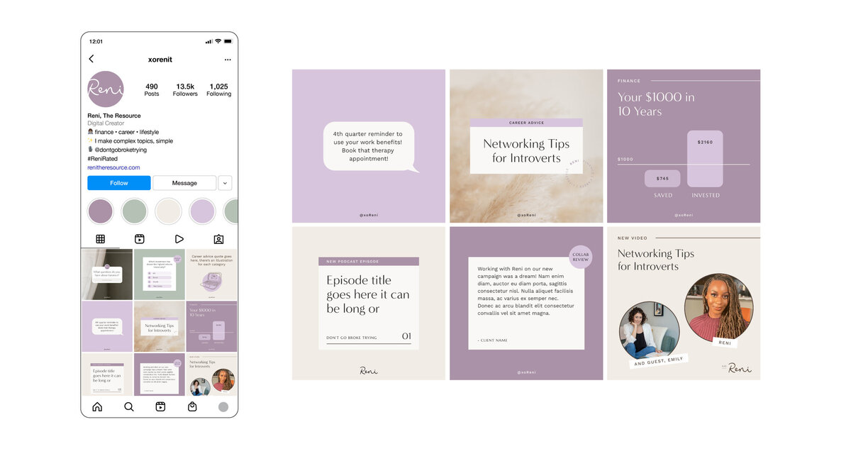 Insagram feed design for Reni The Resource, features finance tips