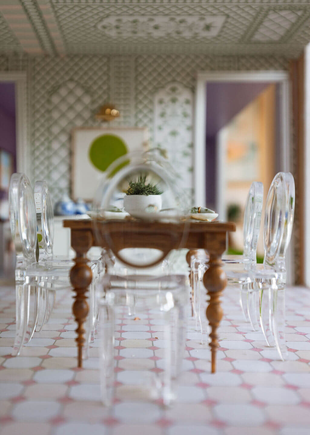 oyster creek studios petite palm beach dollhouse wooden dining room table with miniature clear chairs in dining room
