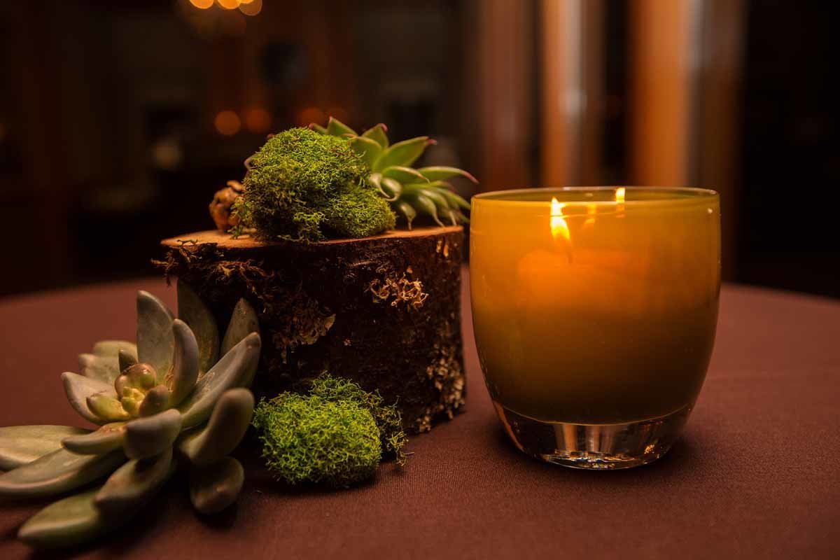 succulent centerpiece with brown glassybaby