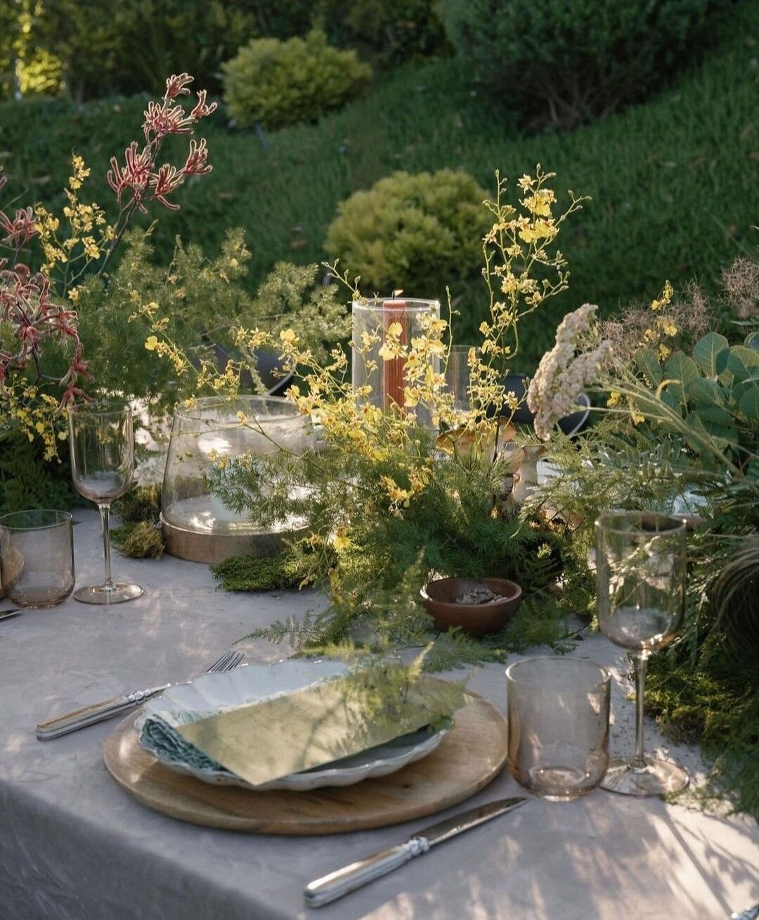 Neutral wedding tablescape with yellow florals and ceramics, a refined look for Wrightsville Manor wedding design