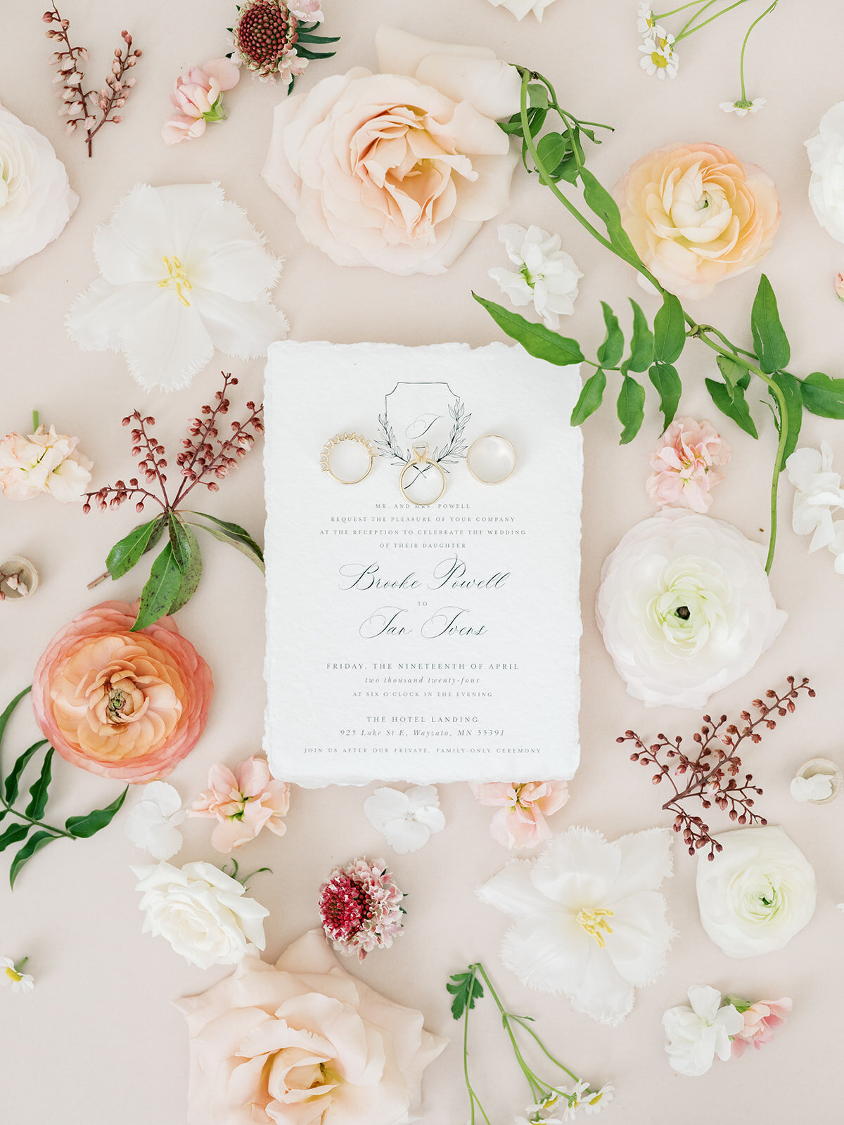 styled flowers with wedding invitation, studio fleurette, mn florist