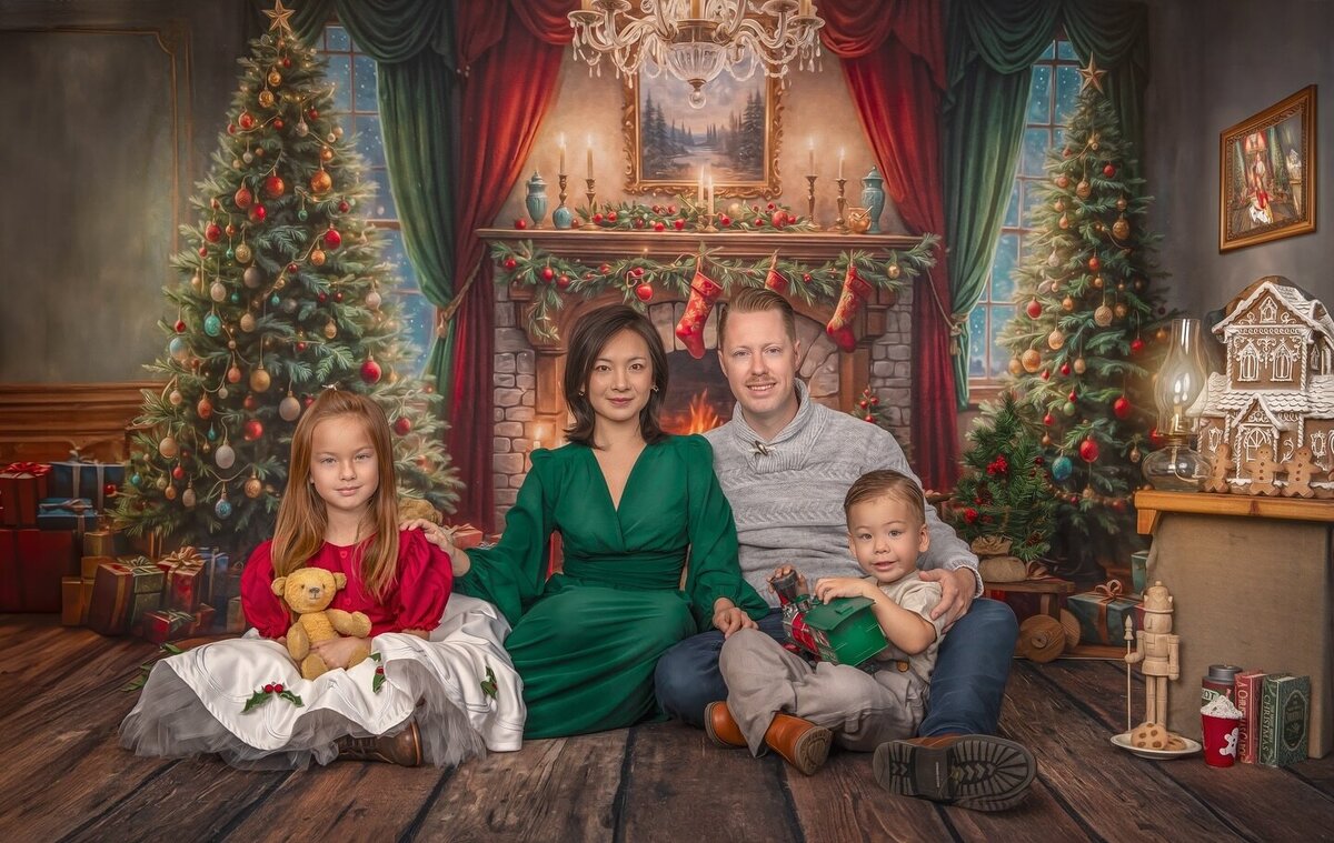 A joyful child shares milk and cookies with Santa Claus at a warmly lit holiday table, capturing a sweet and magical moment during a Christmas portrait experience.