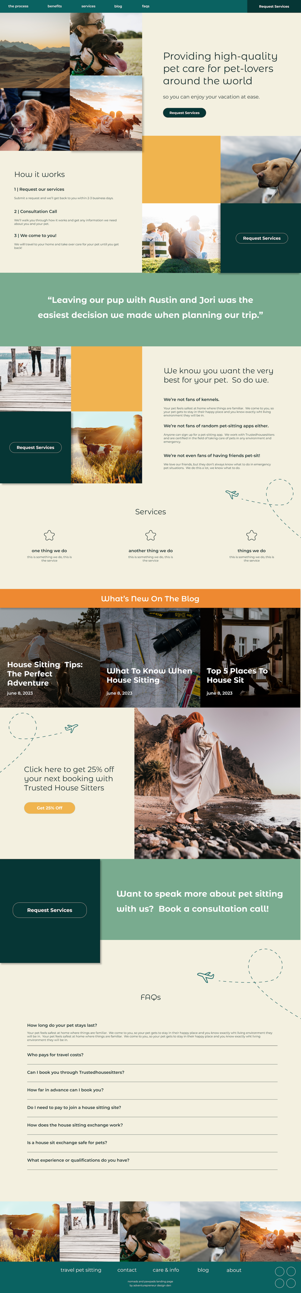 homepage website design with animal and travel photos and text