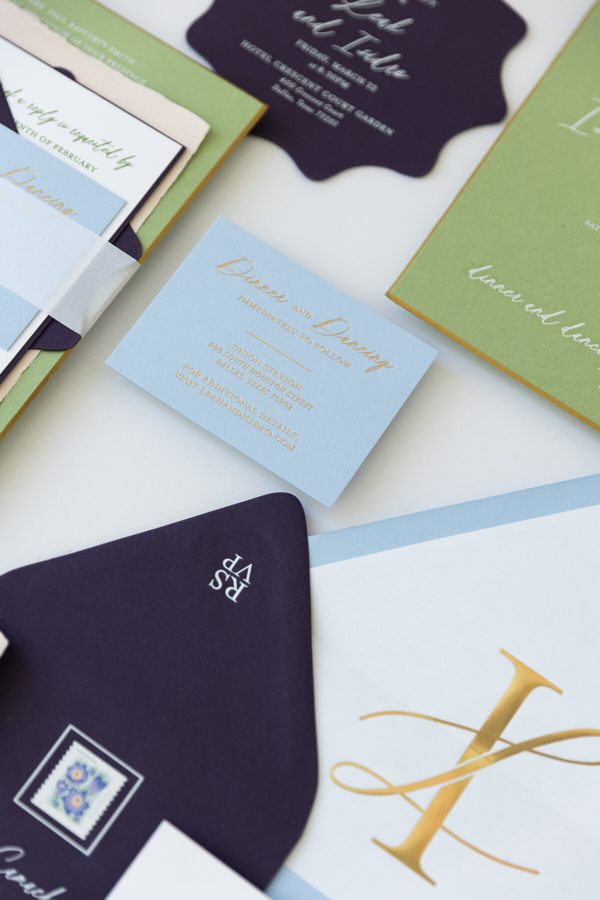 Navy, gold and green wedding invitations for a Dallas wedding by MF Creative Designs