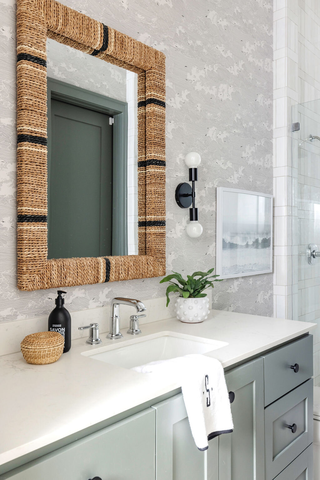 oyster creek studios stripling new build gray wallpaper and green cabinet bathrooms