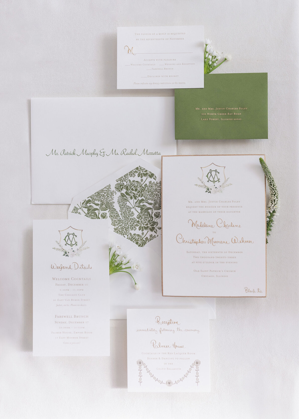 Close up of wedding invitations. 