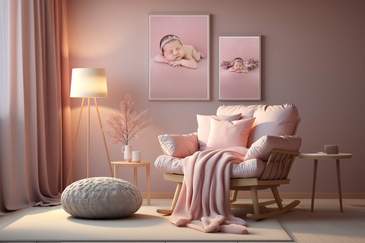 Pink room with two photos of a newborn baby girl for her newborn photography session.