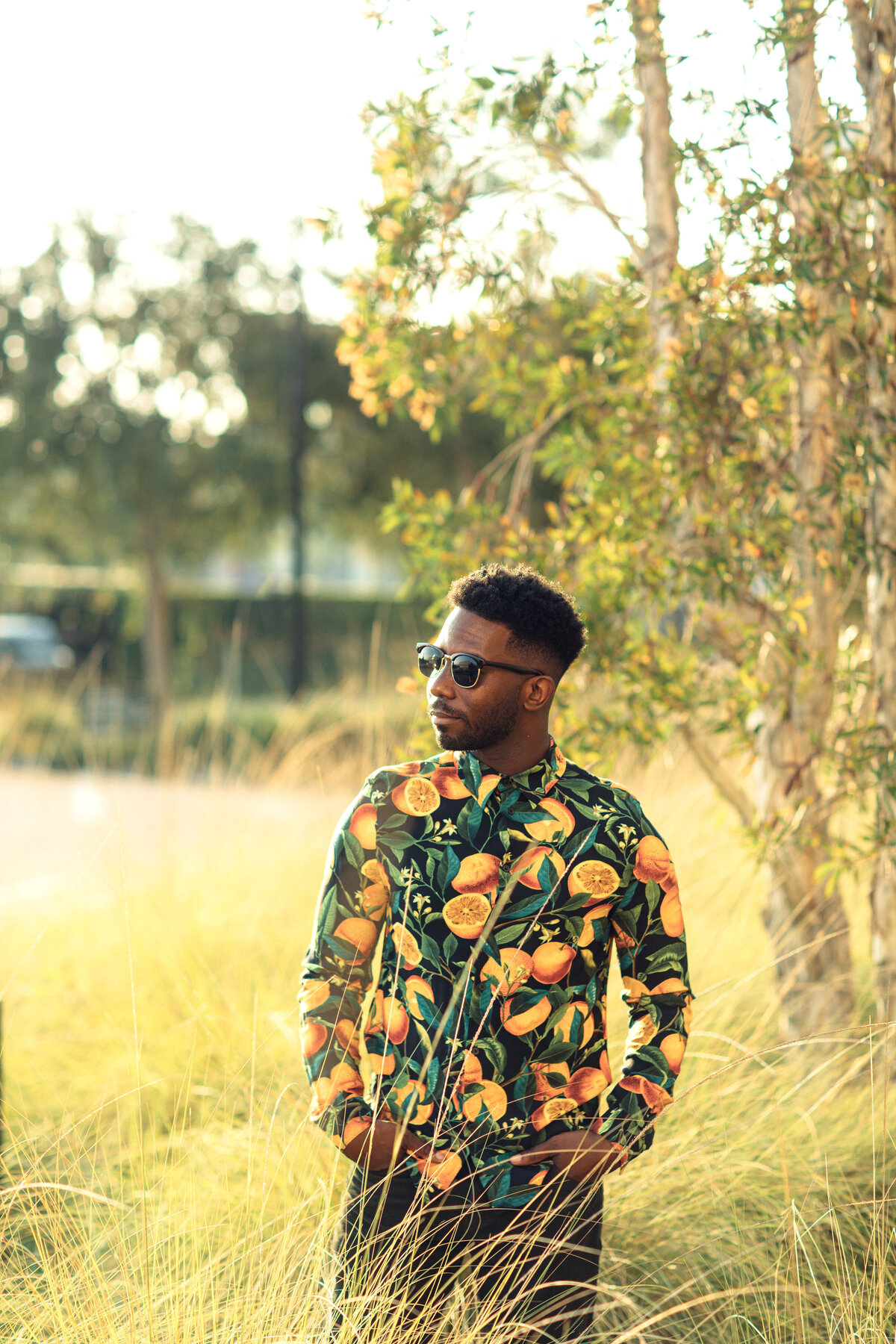 Portrait Photo Of Young Black Man In Long Sleeves Polo Standing In The Middle Of a Meadow Los Angeles