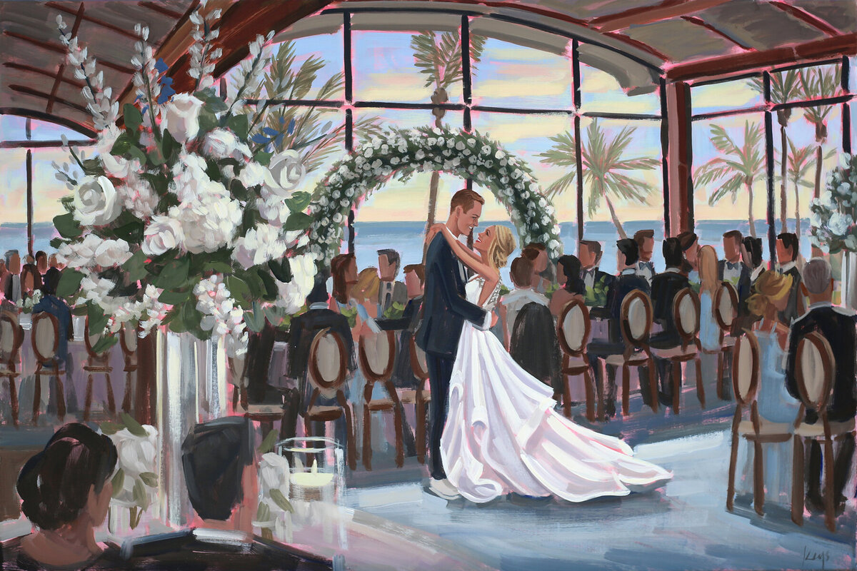 Live Wedding Painter in Stuart, Florida, captures first dance of bride and groom at Sailfish Point