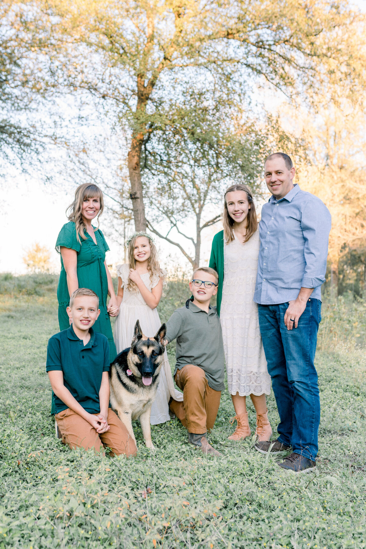 Austin Texas Family photo with dog in field.
