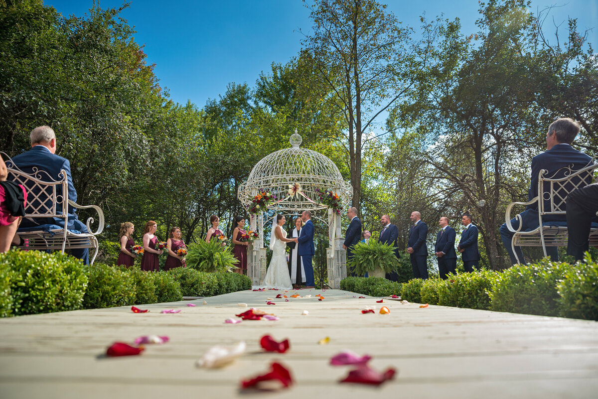 Wedding ceremony with rose petals down isle.