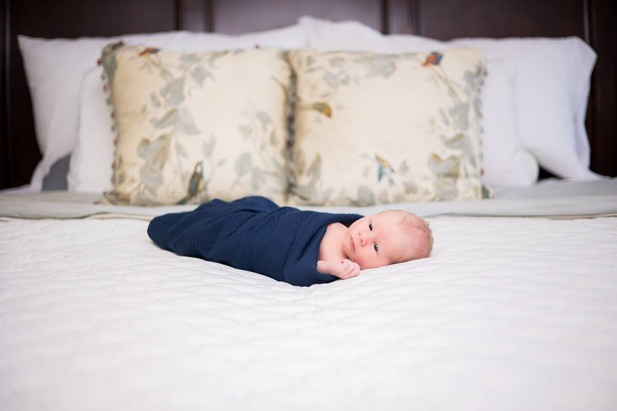 newborn baby  boy in dark blue blanket on a bed