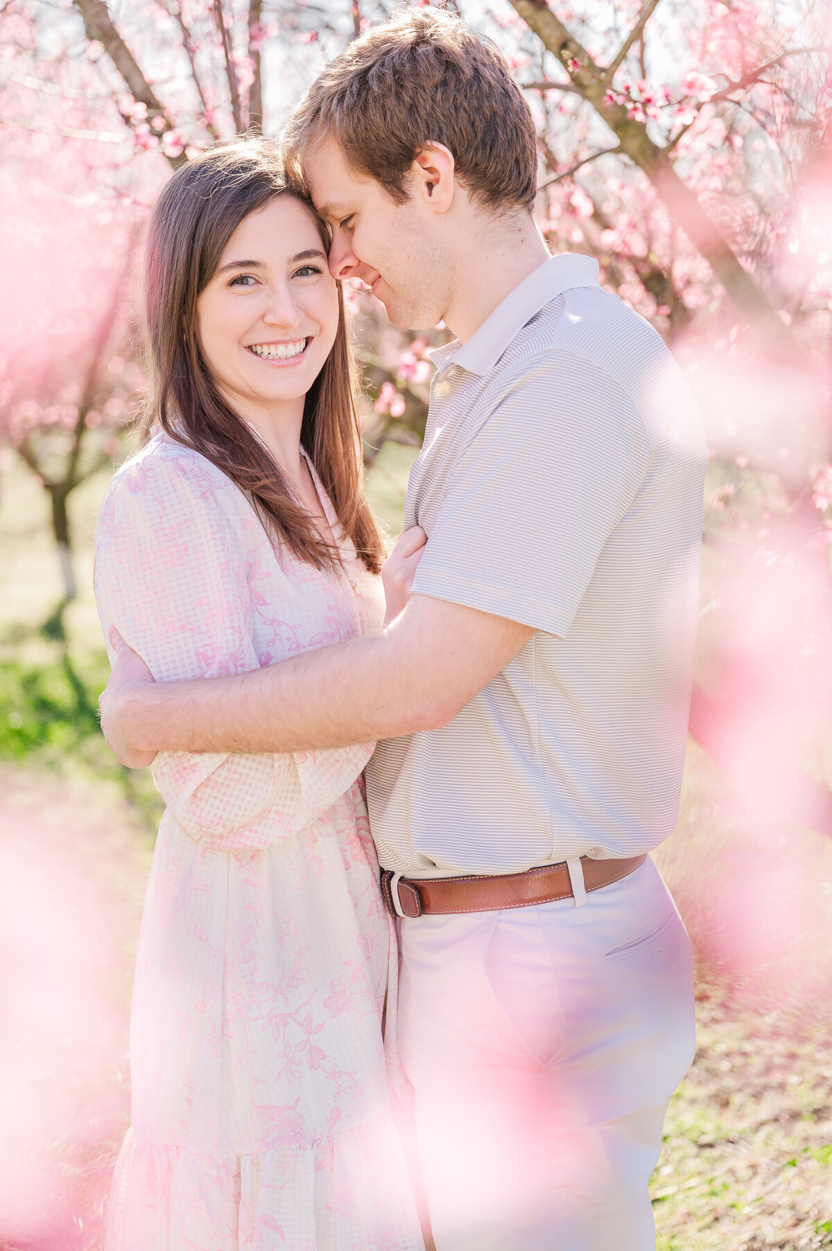A loving couple embracing under bright pink cherry blossoms at sunset in Greensboro by JoLynn Photography, a destination wedding photographer