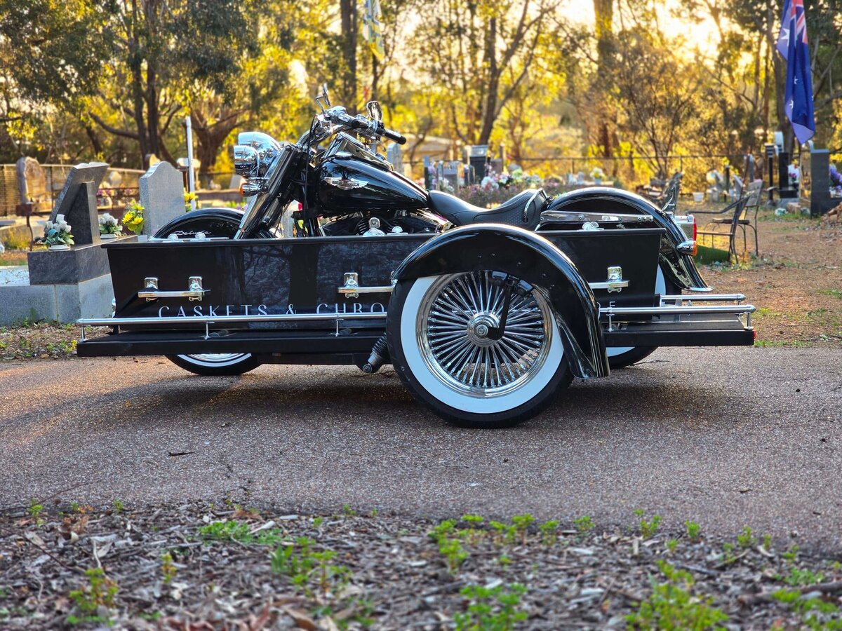 Harley Davidson motorcycle hearse in Perth, available for unique funeral services across Western Australia.
