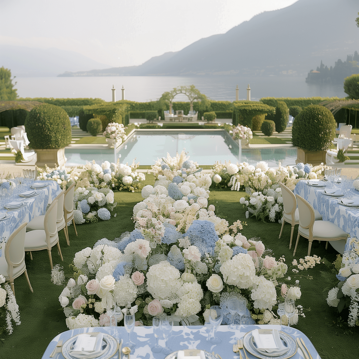 blue and white summer wedding on the lake