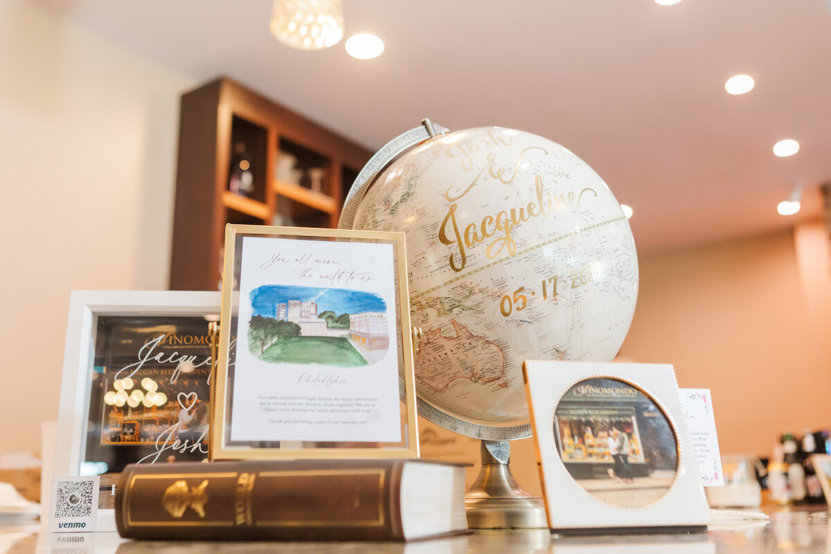wedding decor highlighting a bride and grooms love for travel