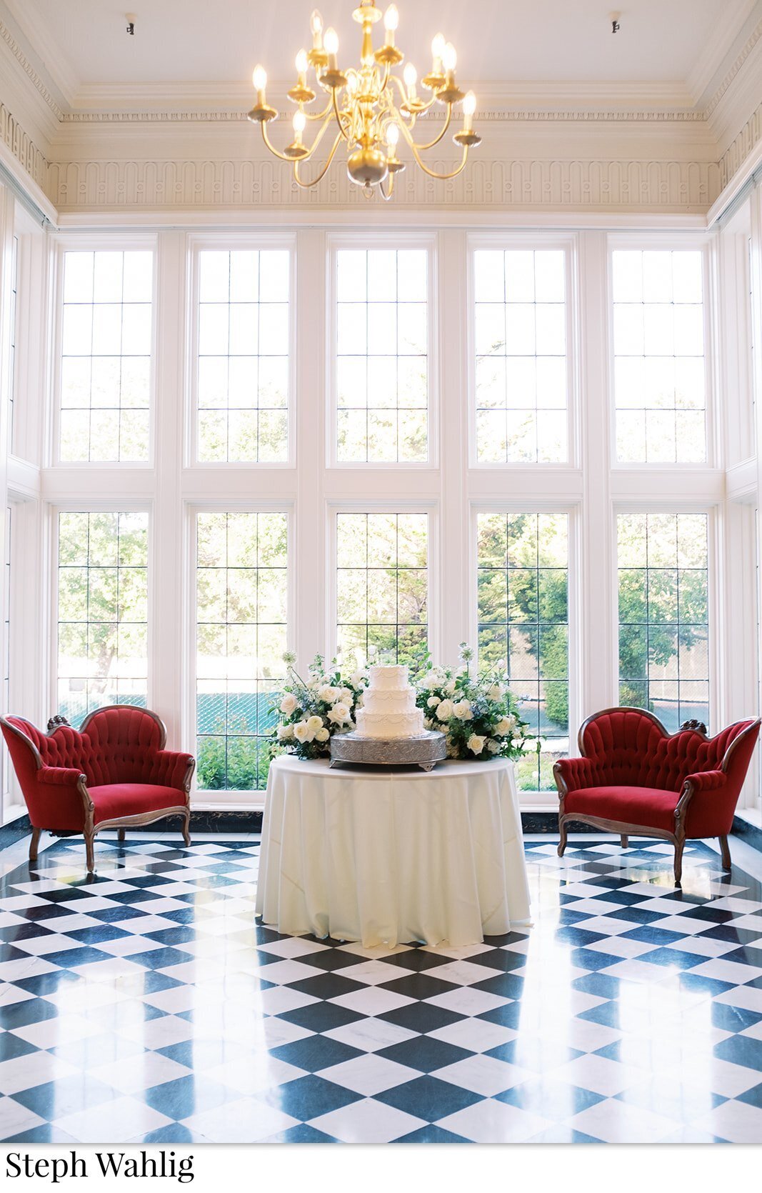 checkered floor, cake flowers, cake meadow, velvet couches, 