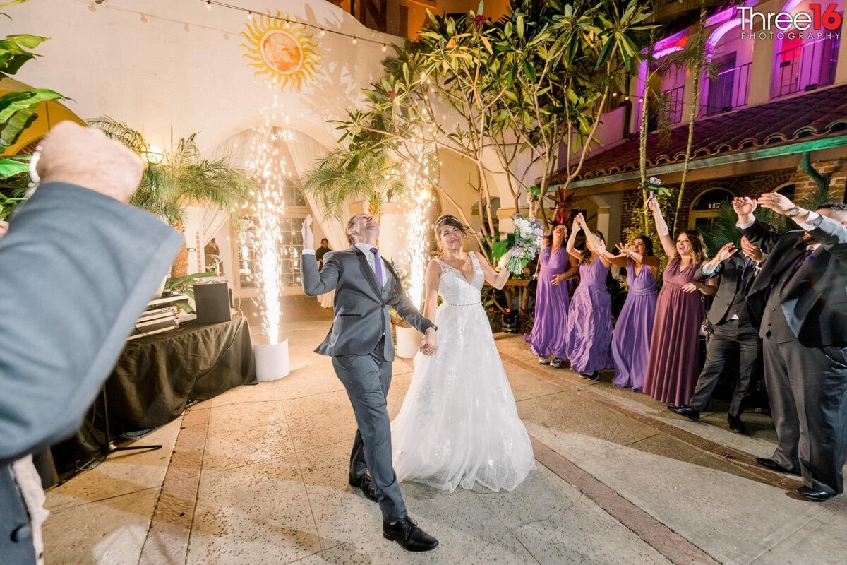 Bride and Groom enter the wedding reception with sparklers shooting up